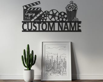 Gepersonaliseerde metalen wanddecoratie voor de filmkamer, gepersonaliseerde bioscoopdecoratie, bord voor thuisbioscoop, wanddecoratie voor filmavonden, metalen naambord, cadeau voor thuis