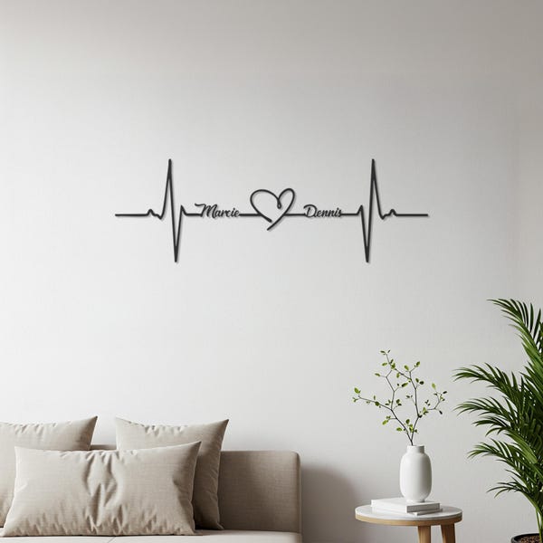 Personalized Heartbeat Metal Wall Art, Custom Name Wall Decor, Couple Wall Art, Modern Metal Wall Decor, Anniversary Gift, Gift for Couples
