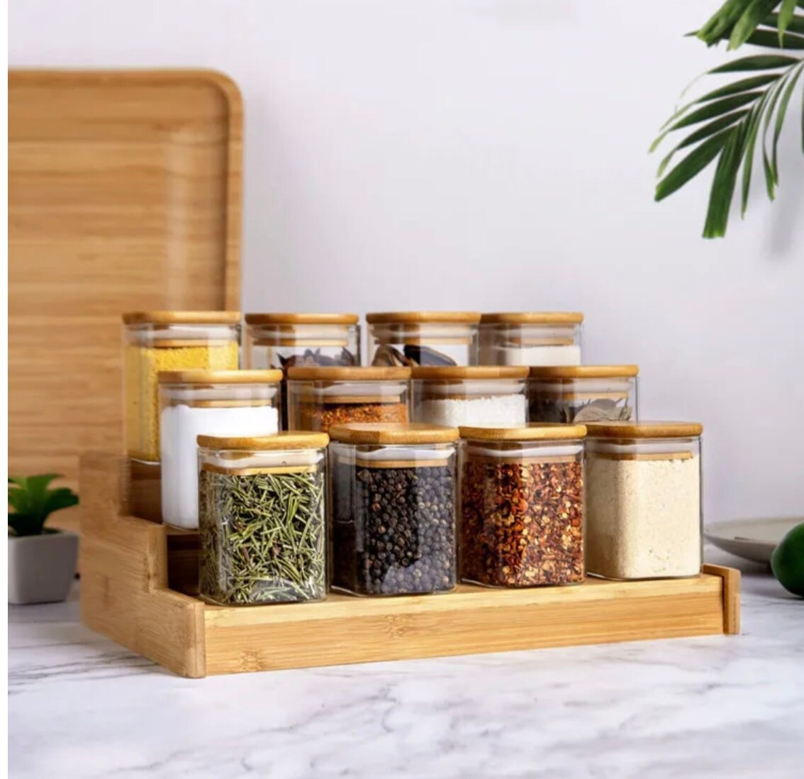 Square Bamboo Lid Glass Spice Jar Set - Etsy
