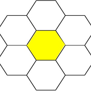 Può includere: Un esagono giallo circondato da sei esagoni bianchi, tutti collegati da linee nere.