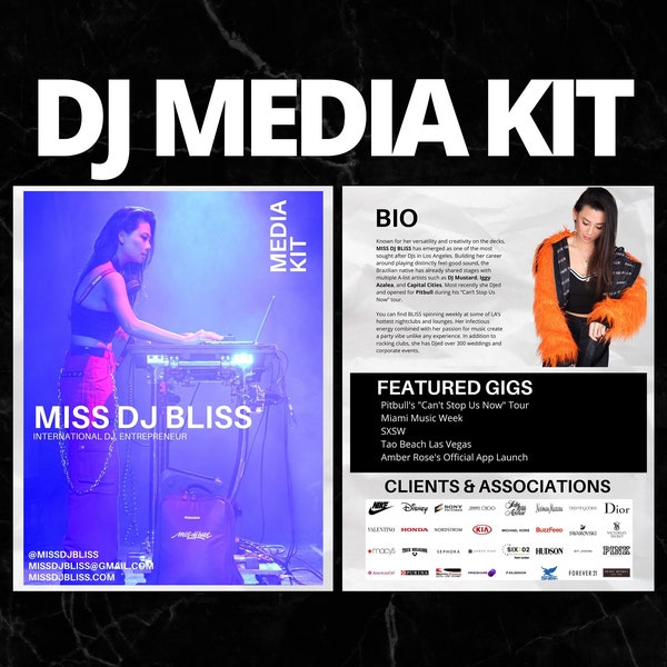 Kit média DJ 2024, kit de presse DJ, DJ EPK, modifiable, numérique, modèle Canva, modèle Canva de kit média 2 pages, réseaux sociaux
