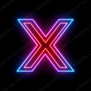 May include: A neon sign in the shape of the letter X, with a gradient of colors. The outer edge is blue, transitioning to pink, and the center is red, set against a black background.