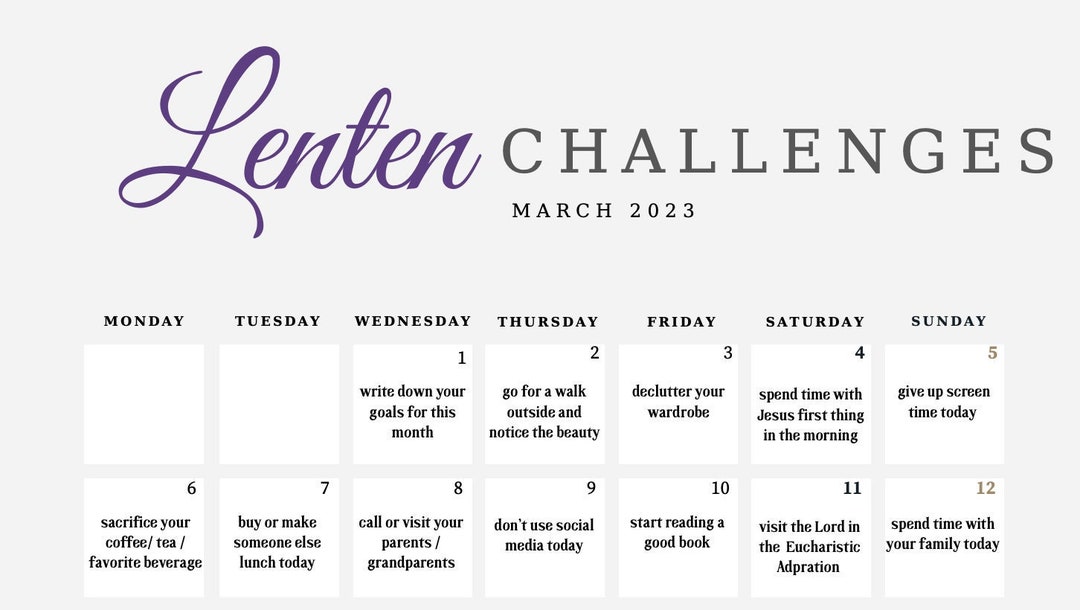 Lent Challenges for Kids and Adults 2023 Calendar PDF Etsy