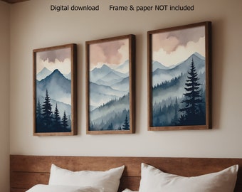 Scandinavian art set of 3, landscape painting, mountain painting, watercolor painting, outdoor wall art, Mountain print set, DIGITAL PRINT