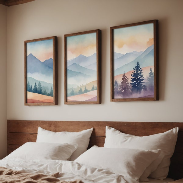 Conjunto de pintura de acuarela de 3, Arte de pared de montaña, pinturas de acuarela, pintura de montaña, pintura de paisaje, Impresión de montaña, IMPRESIÓN DIGITAL