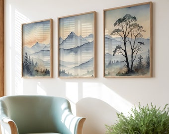 Bergprintset van 3, aquarelschilderen, bergmuurkunst, afdrukbare muurkunst, bergschilderen, downloadbare prints, DIGITALE PRINT