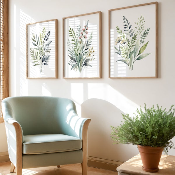 Bloemenmuurkunstset van 3, aquarelbloemen, botanische muurkunst, botanische print, kunst aan de muur met wilde bloemen, bloemenprint, print, DIGITALE PRINT