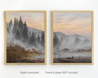 North landscape print, set of 2 muted nature prints, neutral painting, vintage art, autumn landscape, rustic prints, oil paint DIGITAL PRINT