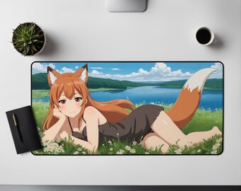Waifu Desk Mat cute anime girl | large mouse desk pad | Cute anime desk mat | Fox wolf girl mouse pad table mat | Kawaii desk mat gaming pad
