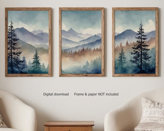 Mountain wall art set of 3, watercolor paints, printable wall art, Mountain print, mountain painting, oil painting, wall art, DIGITAL PRINT