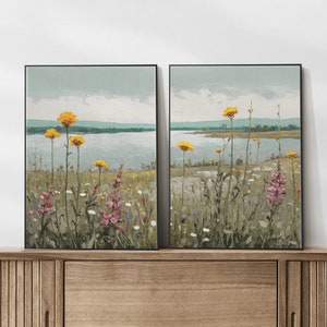 Oil painting flowers set of 2, wildflowers print, oil art, floral wall art, landscape print, printable wall art, wallart, DIGITAL PRINT zdjęcie 2