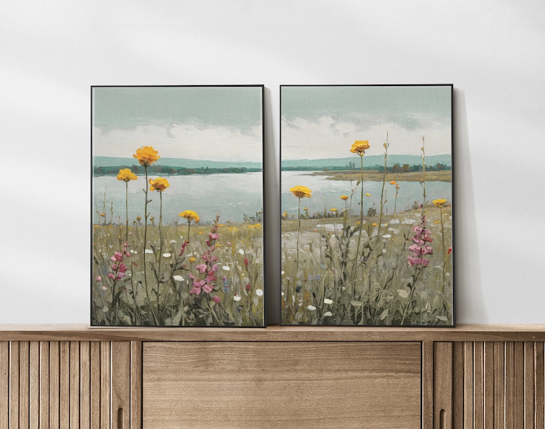 Oil painting flowers set of 2, wildflowers print, oil art, floral wall art, landscape print, printable wall art, wallart, DIGITAL PRINT zdjęcie 2