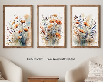 Wildflowers print set of 3 watercolor paintings | flowers field print art | flowers wall art, floral art, wildflowers wall art DIGITAL PRINT