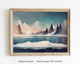 Watercolor painting, winter landscape, lake print, vintage print, printable vintage, Oceanscape print, landscape painting,  DIGITAL PRINT