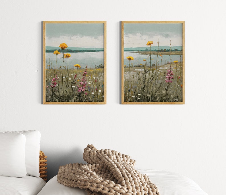 Oil painting flowers set of 2, wildflowers print, oil art, floral wall art, landscape print, printable wall art, wallart, DIGITAL PRINT zdjęcie 3