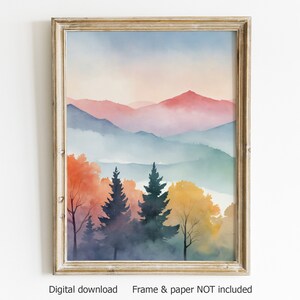 Digital prints set of 3, watercolor paints, Mountain wall art, landscape painting, mountain painting, fall wall art, forest print set image 4