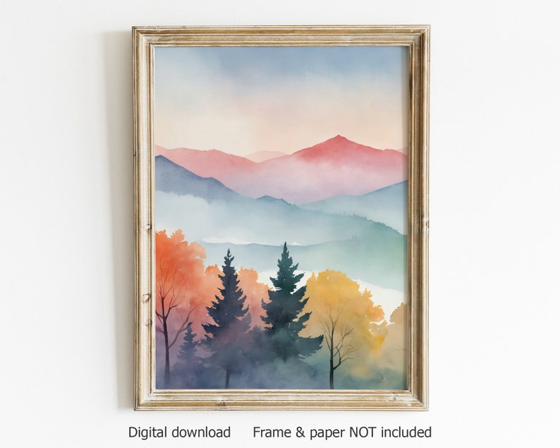 Digitaldrucke 3er-Set, Aquarellfarben, Bergwandkunst, Landschaftsmalerei, Bergmalerei, Herbstwandkunst, Walddruckset Bild 4
