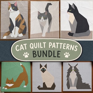 Puede incluir: Una colección de seis patrones geométricos de edredón de gatos con varias razas felinas en diferentes poses y colores, incluyendo calicó, gris, negro, naranja, siamés y gatos de pelo largo, con el texto CAT QUILT PATTERNS BUNDLE.