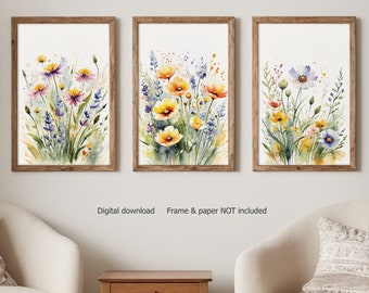 Meadow wall art set of 3, flower field print painting, botanical wall art, flowers painting, floral print, printable wall art, DIGITAL PRINT