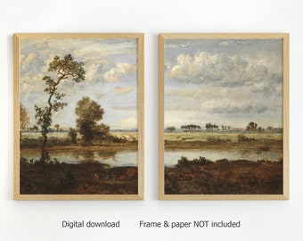 Oil painting print set of 2, sale print, north nature print, vintage art, autumn landscape, lake and trees print, muted print, DIGITAL PRINT