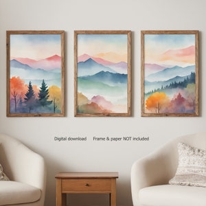 Digital prints set of 3, watercolor paints, Mountain wall art, landscape painting, mountain painting, fall wall art, forest print set image 1