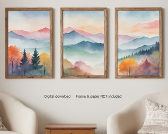 Conjunto de impresiones digitales de 3, pinturas de acuarela, arte de pared de montaña, pintura de paisaje, pintura de montaña, arte de pared de otoño, conjunto de estampados forestales