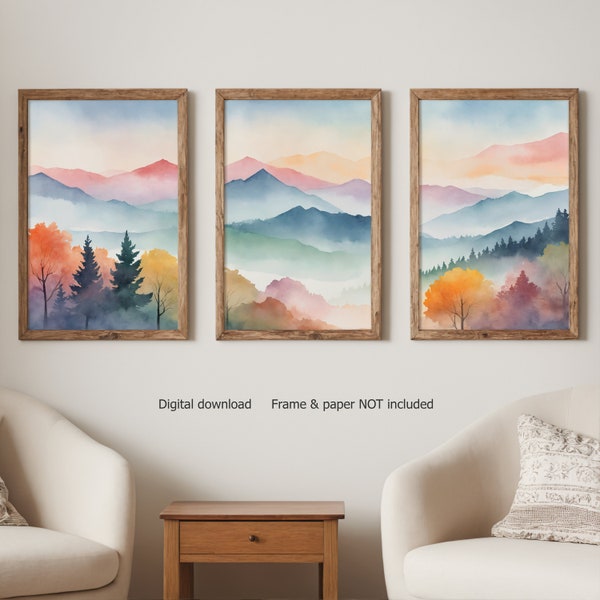 Conjunto de impresiones digitales de 3, pinturas de acuarela, arte de pared de montaña, pintura de paisaje, pintura de montaña, arte de pared de otoño, conjunto de estampados forestales