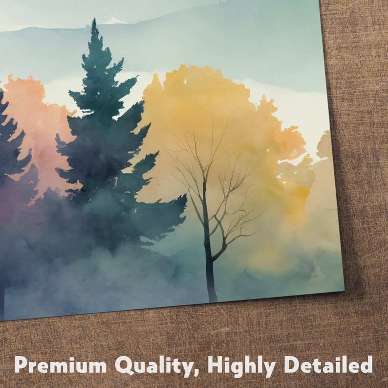 Digitaldrucke 3er-Set, Aquarellfarben, Bergwandkunst, Landschaftsmalerei, Bergmalerei, Herbstwandkunst, Walddruckset Bild 7