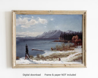 Winter landscape painting print, vintage wall art, north art lake and mountain, vintage print, neutral painting, fine art, DIGITAL PRINT