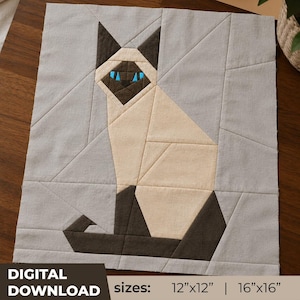 Kattquiltmönster, siamesisk katt FPP-mall, kattquiltmönster, nybörjarquiltmönster, modernt quiltmönster PDF, enkelt quiltblockmönster