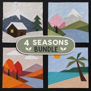 May include: A set of four square fabric quilt blocks depicting seasonal landscapes, including a snowy mountain cabin, a spring mountain scene with a pink tree, an autumn forest, and a tropical beach with a palm tree, labeled 4 SEASONS BUNDLE.