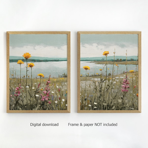 Oil painting flowers set of 2, wildflowers print, oil art, floral wall art, landscape print, printable wall art, wallart, DIGITAL PRINT