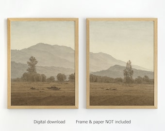 Ensemble paysage nord de 2 estampes, art mural vintage, peinture de campagne, art au crayon, impression de ferme, toile à l'huile, estampes en sourdine, impression numérique