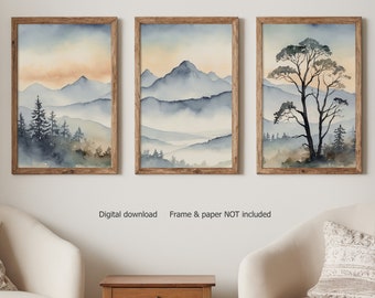 Bergprintset van 3, aquarelschilderen, bergmuurkunst, afdrukbare muurkunst, bergschilderen, downloadbare prints, DIGITALE PRINT