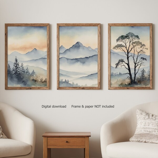 Mountain print set of 3, watercolor painting, Mountain wall art, printable wall art, mountain painting, downloadable prints, DIGITAL PRINT