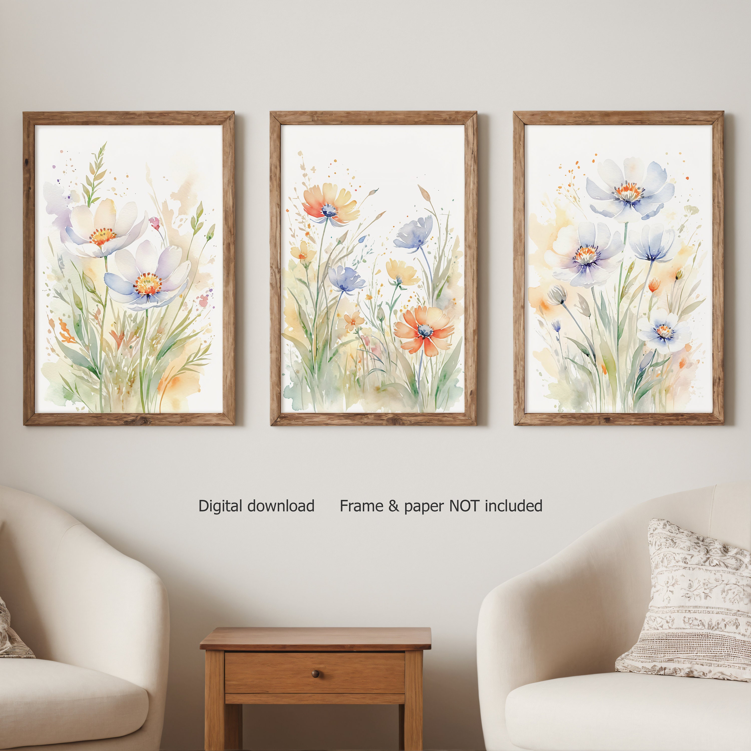 Wildflowers Wall Art Set of 3, Flowers Painting, Watercolor Wall Art