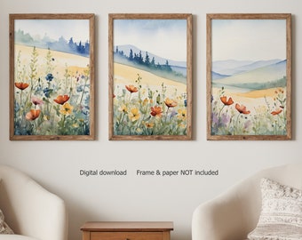 Wildflowers art set of 3 prints | blossom flowers art painting | wildflowers painting large wall art | flower meadow printable DIGITAL PRINT