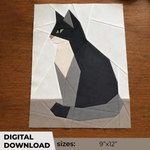 Quiltmönster Katt, FPP elegant sittande kattmall, Foundation Paper Piecing djurmönster, kattquiltmönster, 9x12" blockquiltning PDF