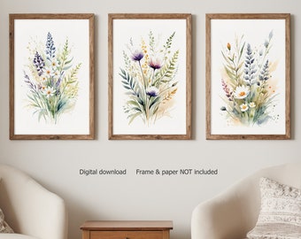 Blumenmalerei Set von 3, Blumenmalerei, digitale Kunst, druckbare Kunst, Blumenmalerei, digitaler Download, Wohnzimmerdekor, DIGITALDRUCK