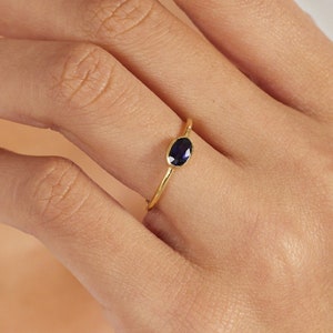 14K Solid Gold Oval Cut Blue Sapphire Ring Dainty Natural Gemstone Ring Stackable Solitaire Engagement Ring for Women Gift for Her image 1