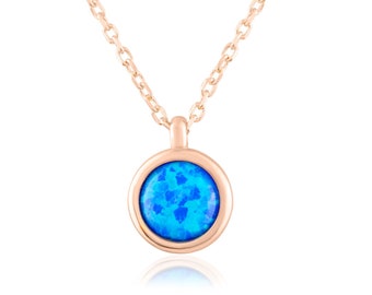 14K Solid Gold Blue Opal Charm Necklace for Women | Natural Opal Round Pendant Necklace | 14K Gold Dainty Layering Necklace | Gift for Her