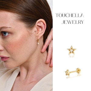 Brinco de cartilagem de diamante | Tragus estrela de diamante de ouro 14K | Piercing estrela Helix | Brincos de diamante Helix com parte traseira plana | Brinco de pino estrela