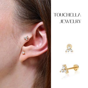 14K Gold Dainty Round Cut Diamond Trio Tragus Piercing |  Trio Diamond Cartilage Earring |Flat Back Diamond Earrings | Diamond Piercing