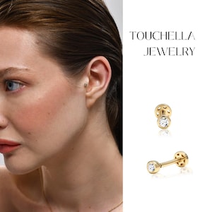 Piercing de diamante con engaste de bisel en oro de 14 k / Pendiente de cartílago de diamante / Perforación de diamante / Pendiente de hélice de diamante con parte posterior plana / Regalo para ella