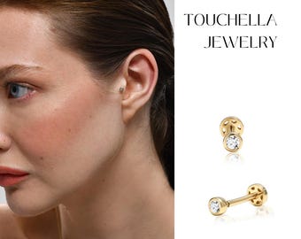 14k Gold Bezel Setting Diamond Stud Piercing |Diamond Cartilage Earring| Diamond Piercing | Flat Back Diamond Helix Earrings | Gift for Her