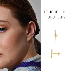 Diamond Bar Piercing in 14k Solid Gold | Diamond Cartilage Earrings | Diamond Bar Stud Earrings | Diamond Helix Piercing | Gift for Her