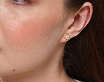 14K Solid Gold Star Stud Earrings: Dainty Diamond Jewelry
