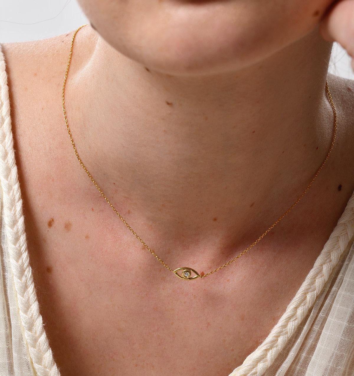 14K Solid Gold Diamond Evil Eye Necklace: Good Luck Charm
