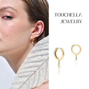 14K Solid Gold Dangle Earrings: Zircon Charm Hoop Earrings