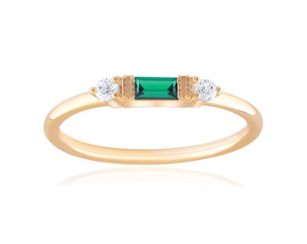 14K Solid Gold Emerald Ring: Baguette Birthstone Ring